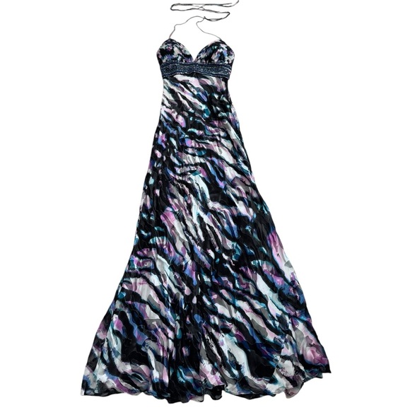 Camille la Vie BLACK BLUE MULTI COLOR STRIPES BEADED PROM FORMAL GOWN DRESS 4 - Picture 5 of 15
